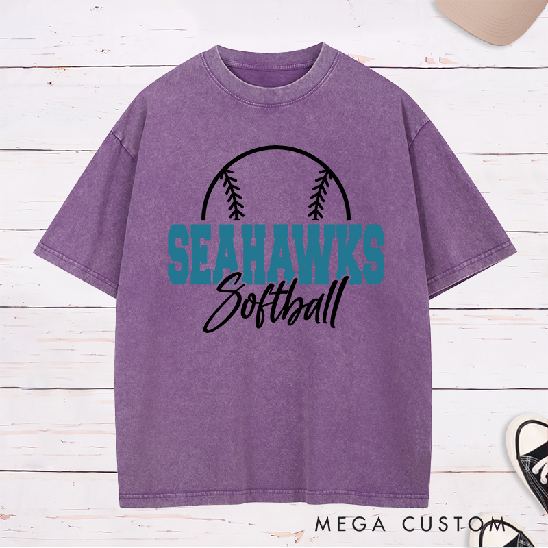 Personalized Softball Team Washed T-Shirt Design Featuring Bold Block Team Name Text Stylish Script Font for Softball and Minimalist Softball Graphic Outline