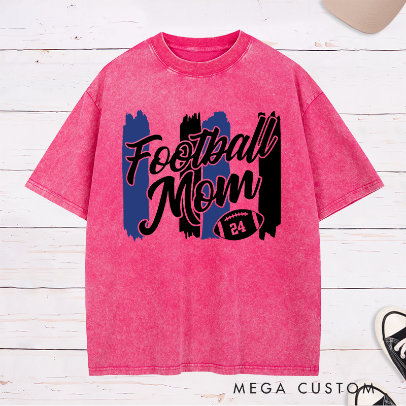 Personalized American Football Mom Washed T-Shirts Featuring Custom Number on the Front