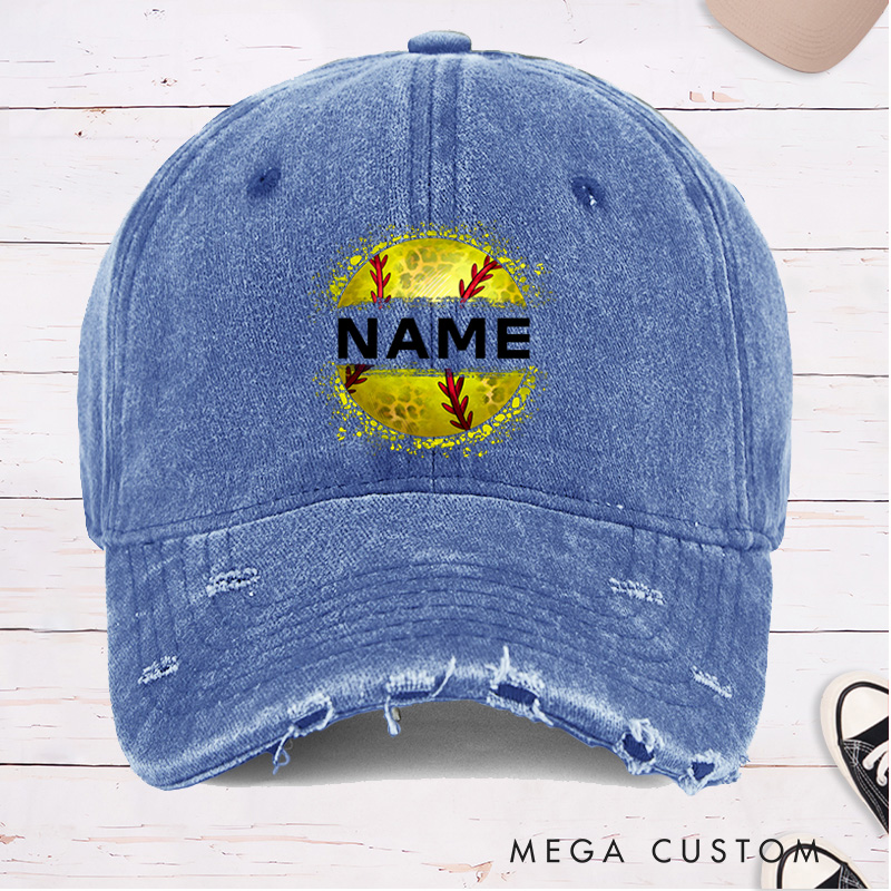 Personalized Distressed Denim Softball Cap with Custom Name and Softball Graphic Design