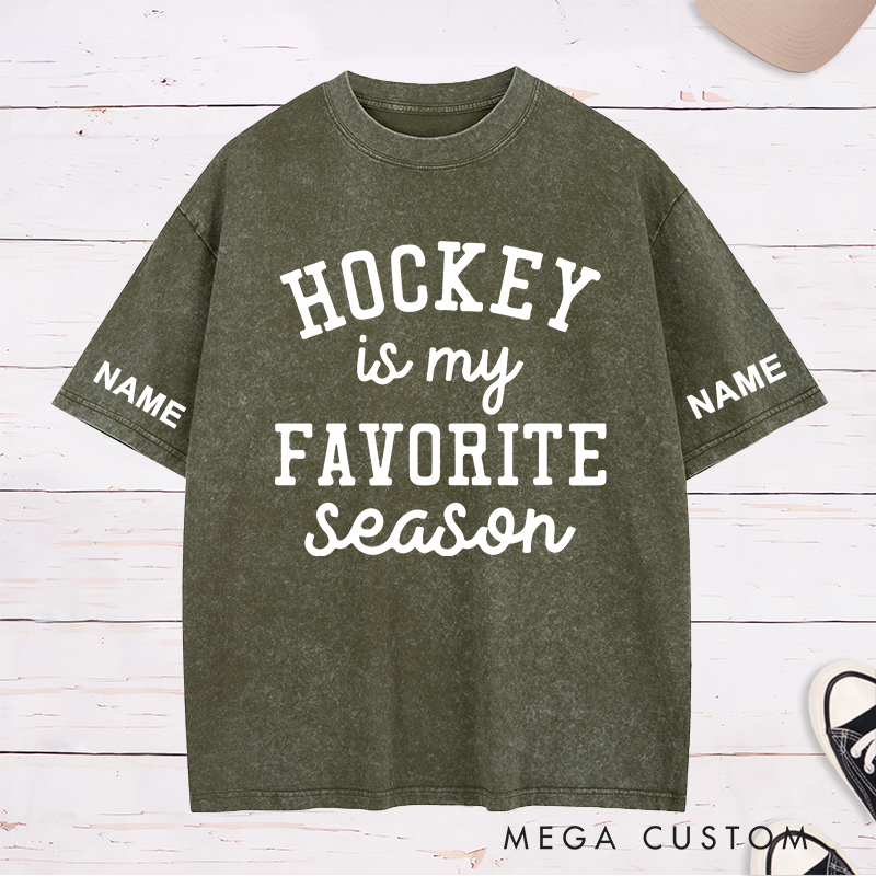 Personalized "Hockey Is My Favorite Season" Washed T-Shirt with Custom Name and Number