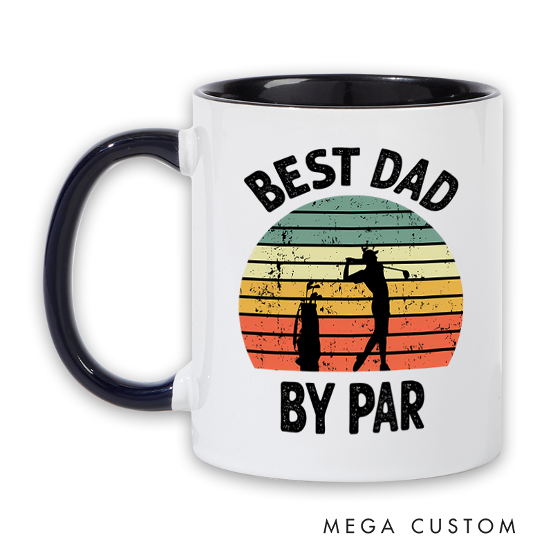 Personalized Golf Mug with Custom Title By Par Design Retro Sunset Style and Two Tone Handle