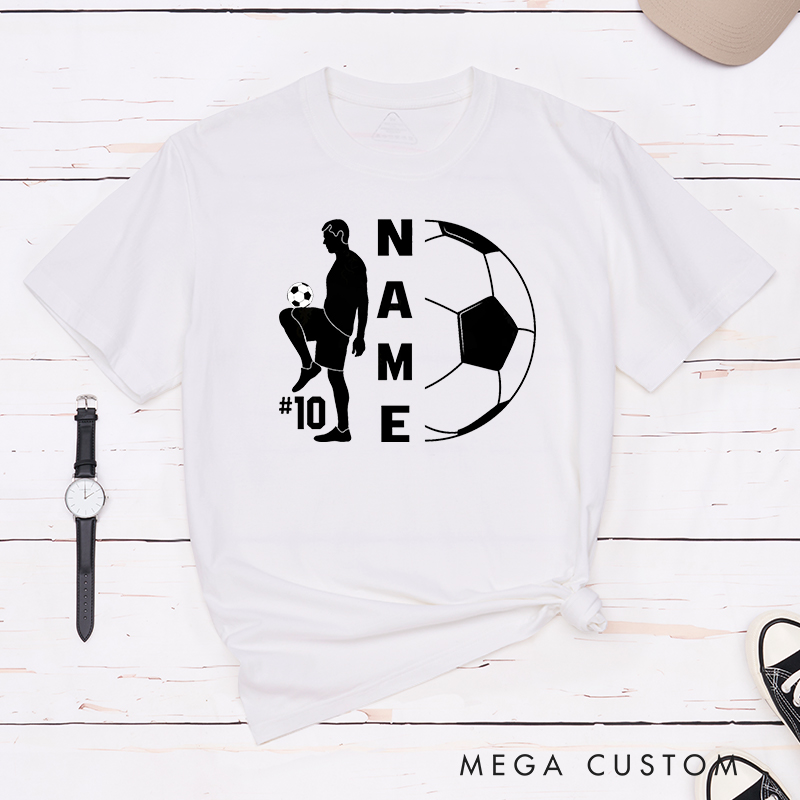 Personalized Soccer T-Shirt with Player Silhouette and Custom Name and Number Design