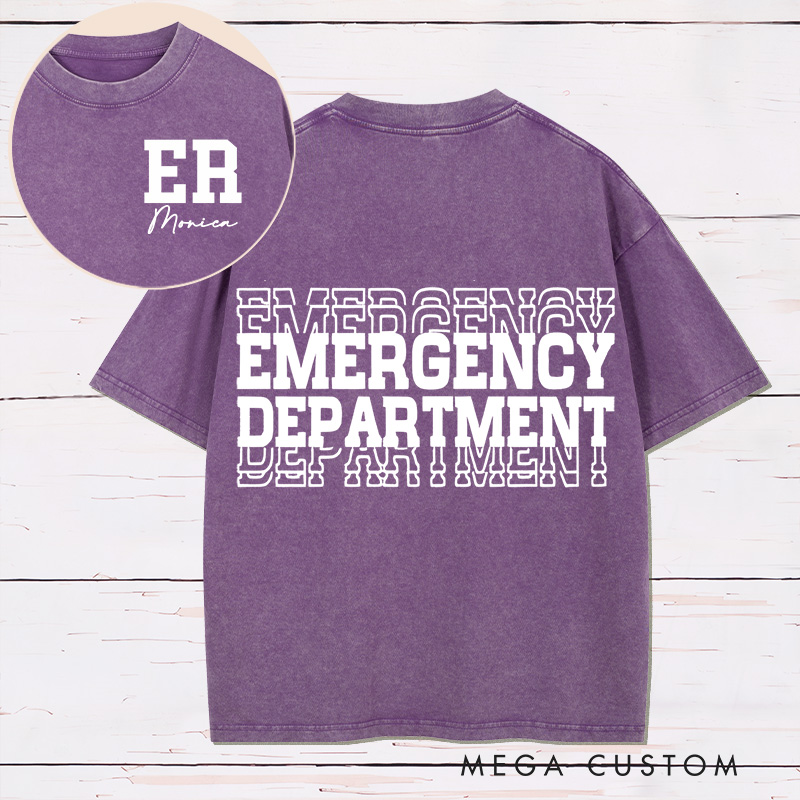 Personalized Two Sides Printed Washed T-Shirt Customized Emergency Department Bold Minimalist Design Washed T-Shirt 