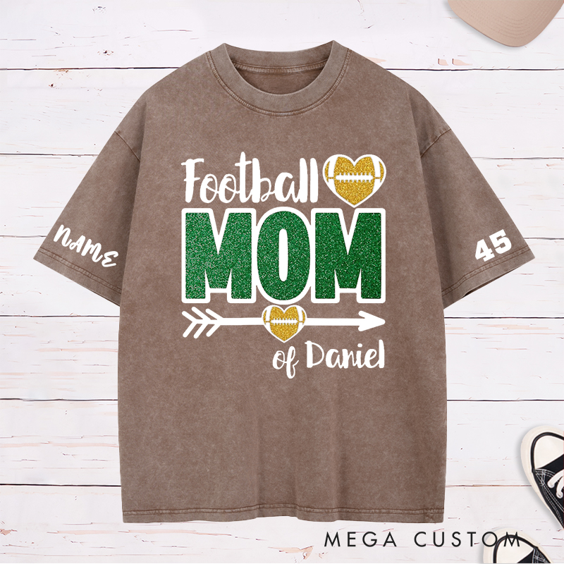 Personalized American Football Mom Washed T-Shirts Featuring Custom Team Name and Number for Game Day Fans