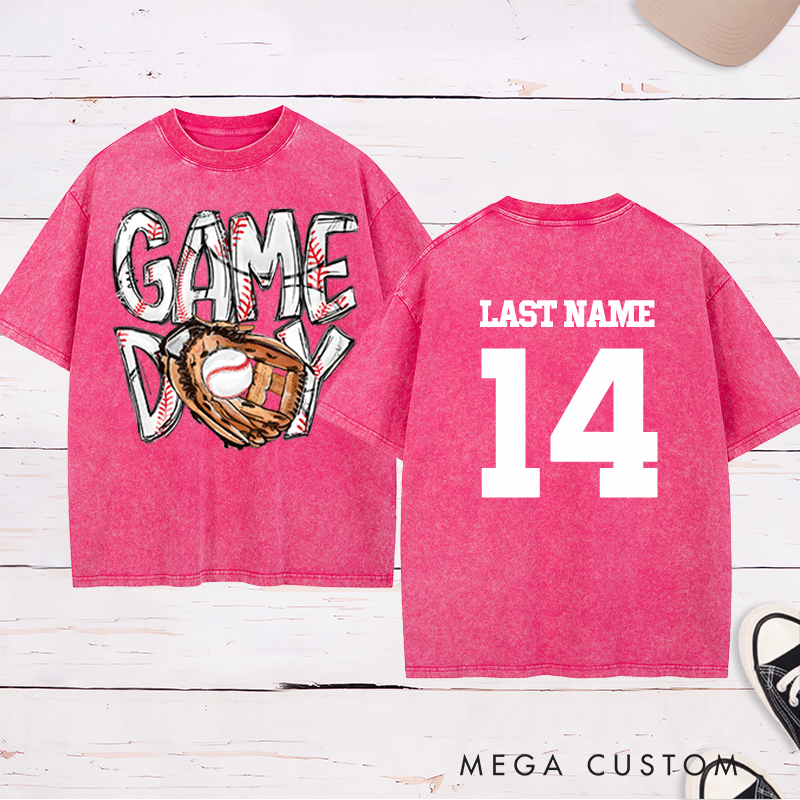 Personalized "Game Day" Baseball Washed T-Shirt with Custom Name and Number 