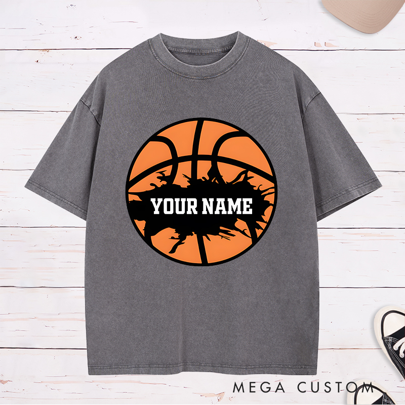 Personalized Washed T-Shirt Design Featuring a Bold Basketball Graphic with Splatter Effect and Customizable Name