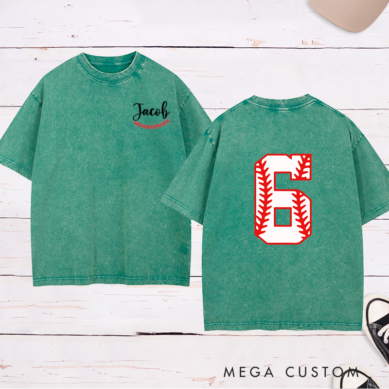 Personalized Sports Washed T-Shirt with Custom Name and Unique Baseball Stitch Number Design