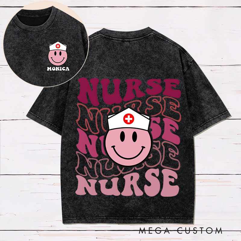Personalized Two Sides Printed Washed T-Shirt Customized Retro Smiley Nurse Design Washed T-Shirt Nurse Week Gift