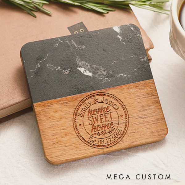 Personalized Coasters Wedding Housewarming Gift Custom Marble and Wood Coaster Home Sweet Home Engraved Engagement Gift for Couple New Home Gift
