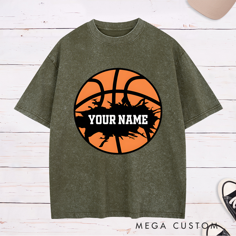 Personalized Washed T-Shirt Design Featuring a Bold Basketball Graphic with Splatter Effect and Customizable Name