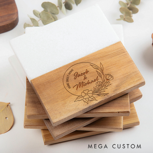 Personalized Marble and Wood Coaster Floral Script Home Coaster New Home Gift for Couple Custom Engraved Wedding Housewarming Coaster Home Sweet Home