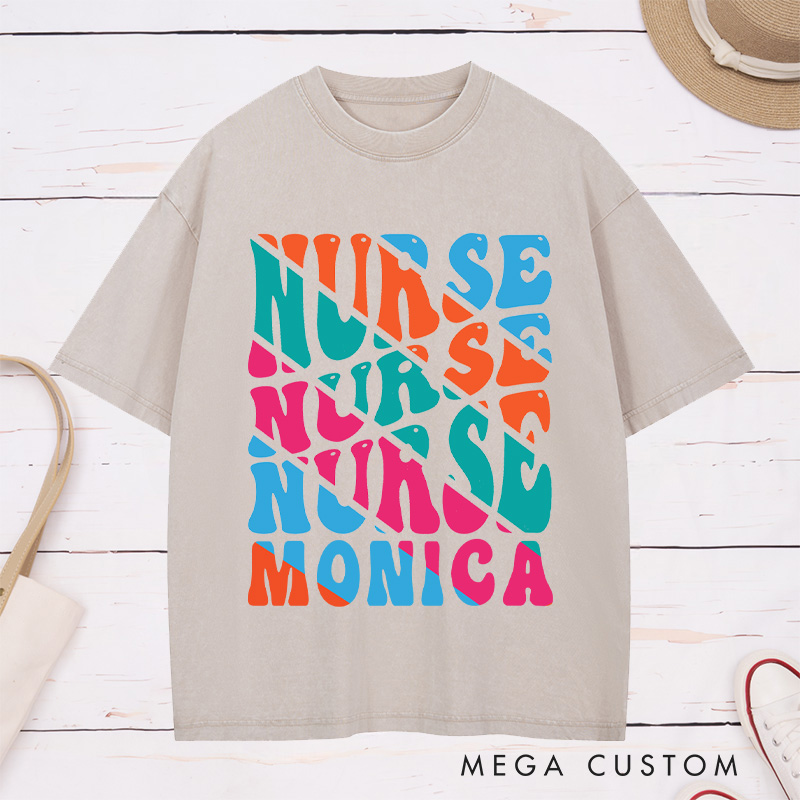 Personalized Nurse Washed T-Shirt Customized Bold Nurse Nurse Design Washed T-Shirt 