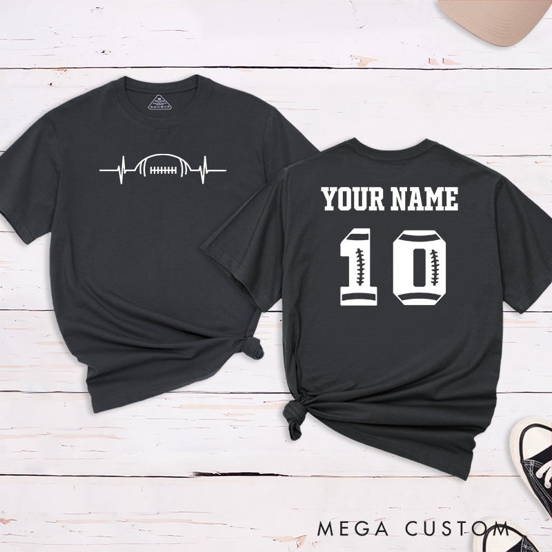 Personalized American Football and Rugby Heart Beat T-Shirts Featuring Custom Name and Number