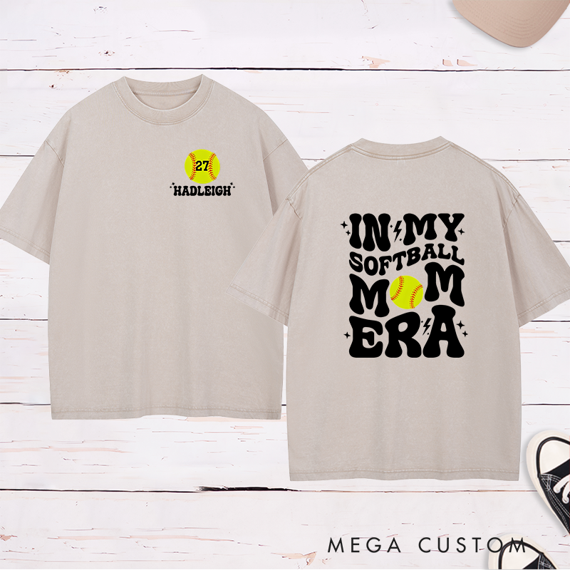 Personalized Softball Mom Washed T-Shirt Design Featuring Bold Retro Text Custom Player Number and Name with Softball Graphic