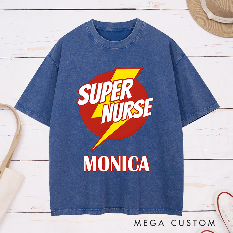 Personalized Nurse Washed T-Shirt Customized Super Nurse Design Washed T-Shirt 