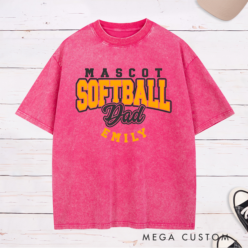 Personalized Softball Dad Washed T-Shirt Design Featuring Custom Team Name Player Name Bold Typography and Stylish Script Accent