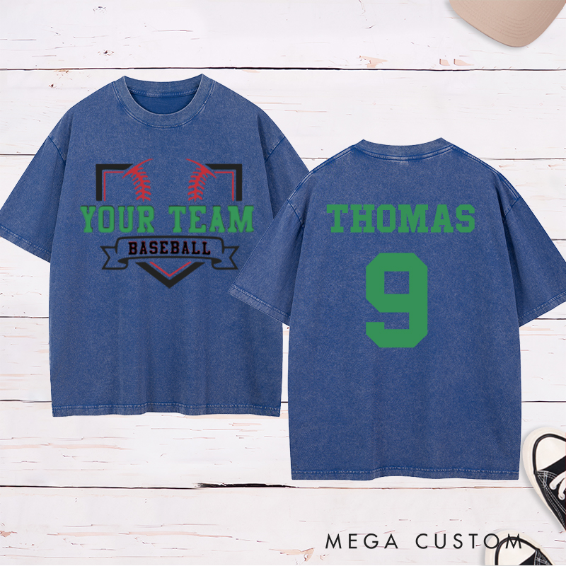 Personalized Team Name Baseball Home Plate Design Washed T-Shirt
