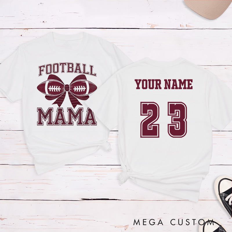 Personalized American Football Bow Mom T-Shirts Featuring Custom Name and Number for Game Day Glam