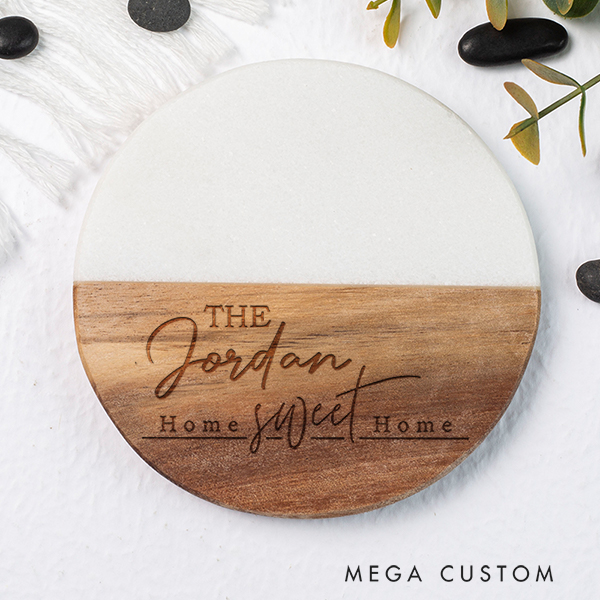 Personalized Coasters Wedding Housewarming Gift Custom Marble and Wood Coaster Home Sweet Home Coaster Engraved Engagement Gift for Couple