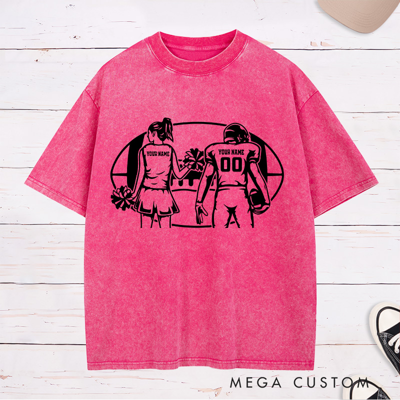 Personalized American Football Cheerleader Washed T-Shirts with Custom Name and Number