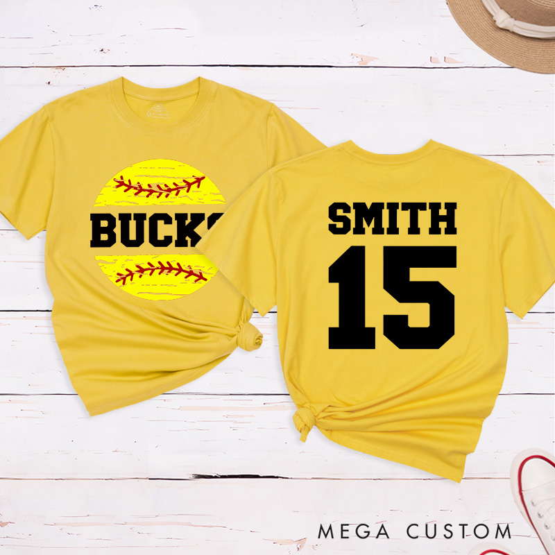 Personalized Softball Team T-Shirt Design Featuring Custom Team Name Player Name and Number with Bright Softball Graphic