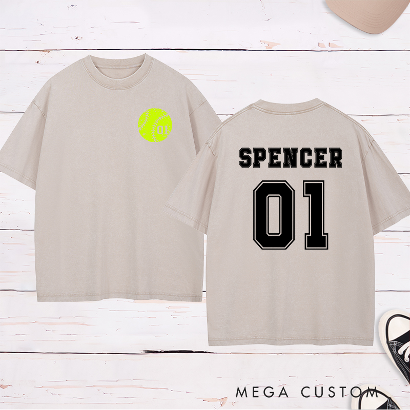 Personalized Softball Washed T-Shirt Design Featuring Custom Player Name Jersey Number and Bold Softball Graphic