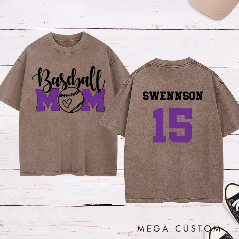 Personalized Baseball Mom Washed T-Shirt with Heart-Inspired Design and Custom Name and Number