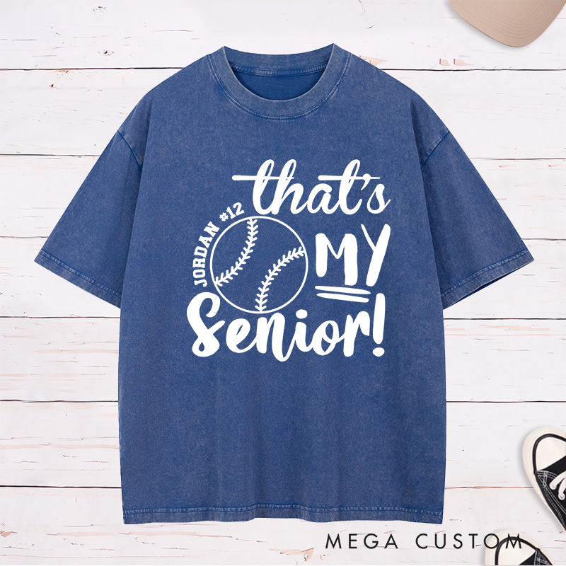 Personalized Senior Softball Spirit Washed T-Shirt Design Perfect for School Teams Featuring Custom Name Number and Bold Text with a Softball Graphic