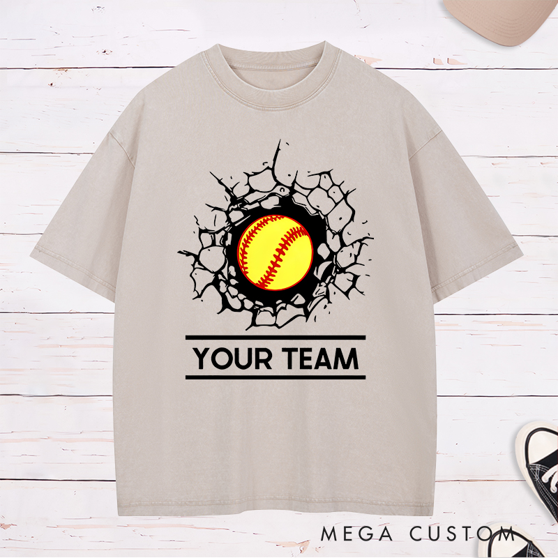Personalized Softball Team Washed T-Shirt Design Featuring Customizable Team Name Bold Softball Graphic and Dynamic Cracked Wall Effect