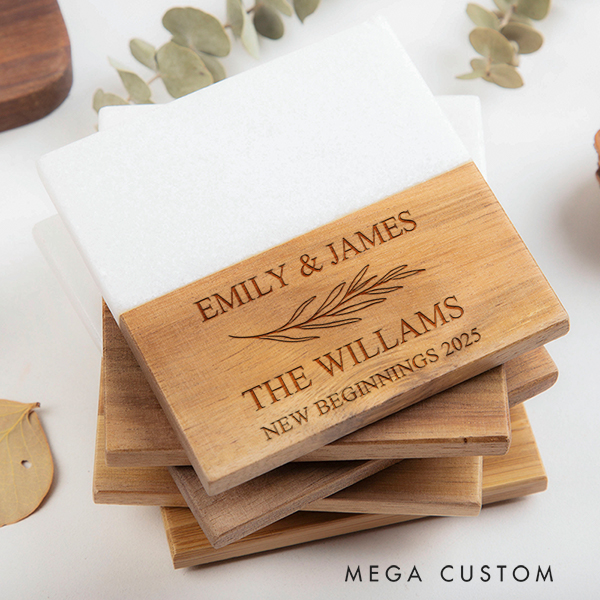 Personalized Marble and Wood Coaster Wedding Housewarming Gift New Beginnings Coaster New Home Gift for Couple 2025 Anniversary Gift