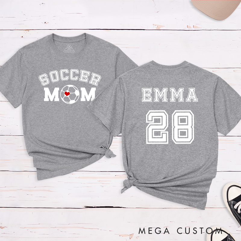 Personalized Soccer Mom T-Shirt with Custom Name, Number, and Bold Graphic Design