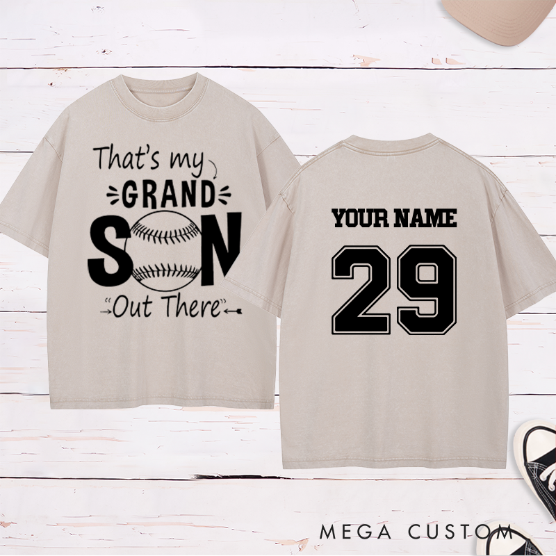 Personalized "That's My Grandson" Baseball Washed T-Shirt with Custom Name and Number
