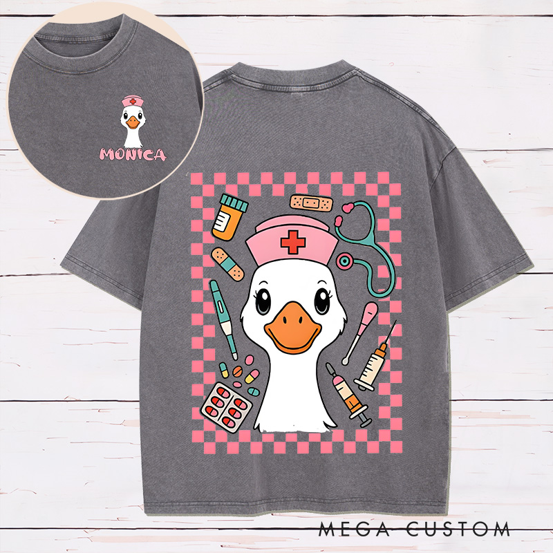 Personalized Two Sides Printed Washed T-Shirt Customized Nurse Goose Fun Design Washed T-Shirt 