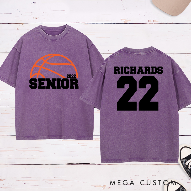 Personalized Washed T-Shirt Design Featuring Basketball Graphic and Customizable "Senior" Year Text for a Sporty and Memorable Look