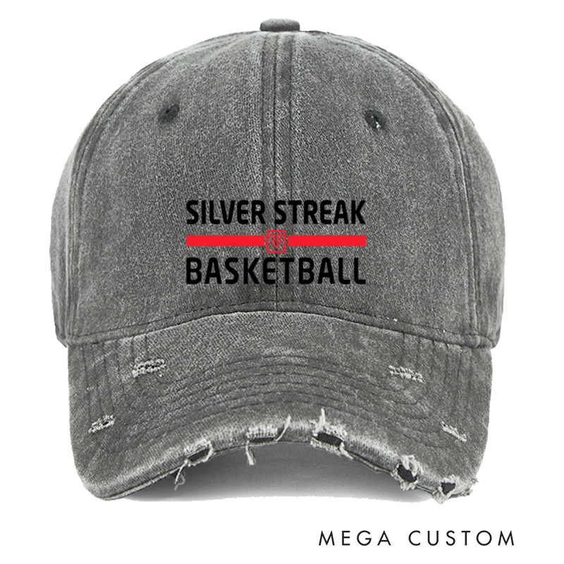 Personalized Distressed Denim Basketball Cap with Custom Team Name and Classic Design