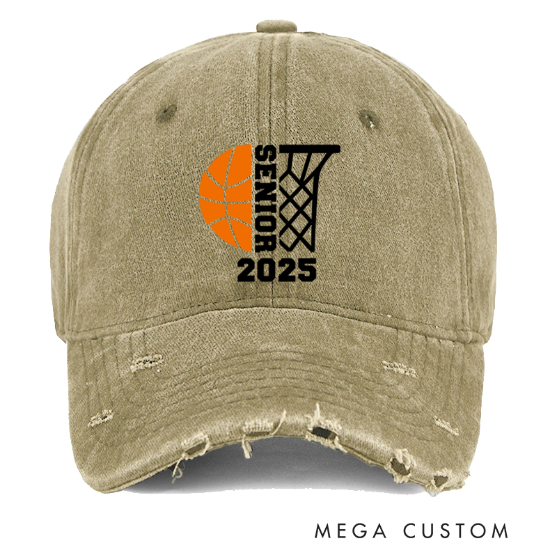 Personalized Distressed Senior Cap with Basketball and Hoop Design and Customizable Year