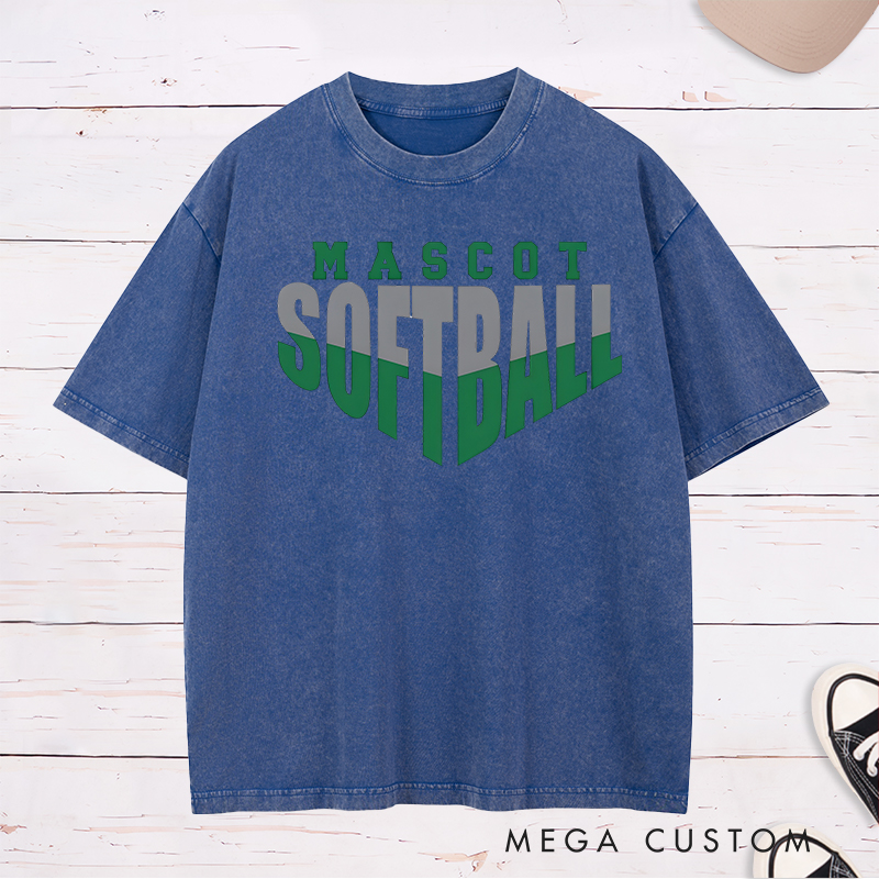 Personalized Softball Washed T-Shirt Design Featuring Custom Team Name Bold Split-Tone Typography Dynamic Angular Layout and Modern Sports Aesthetic