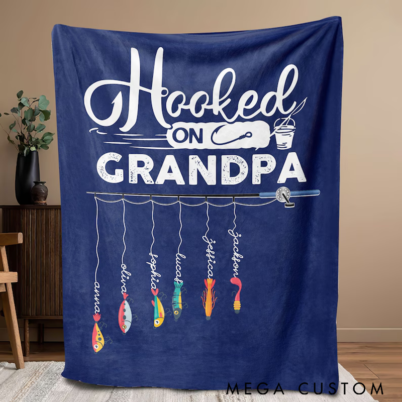 Personalized Fishing Blanket Funny Fishing Blanket Hooked On Name Blanket Custom Soft Cozy Sherpa Fleece Throw Blanket Cozy Gift for Fishing Lovers