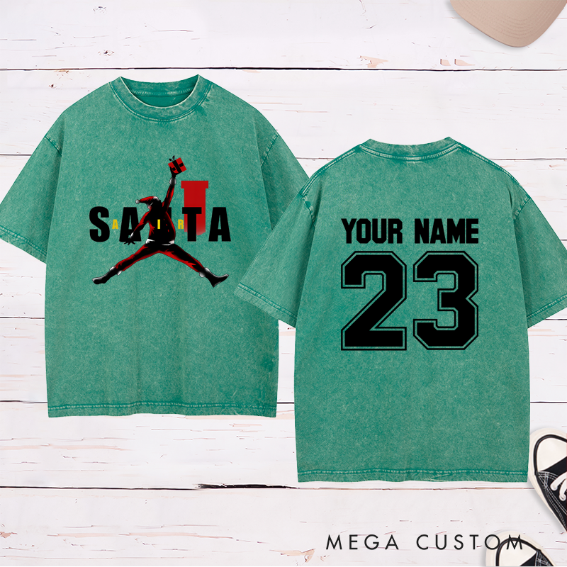 Personalized Santa Basketball Washed T-Shirt with Custom Name Number and Unique Festive Holiday Design