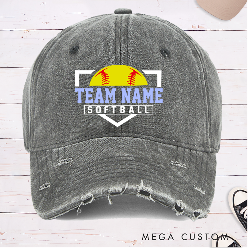 Personalized Distressed Denim Softball Cap with Custom Team Name and Softball Graphic Design
