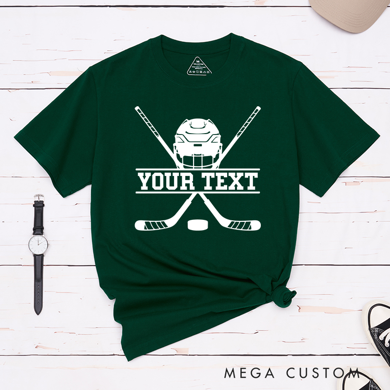 Personalized Hockey Helmet and Sticks T-Shirt with Custom Name 