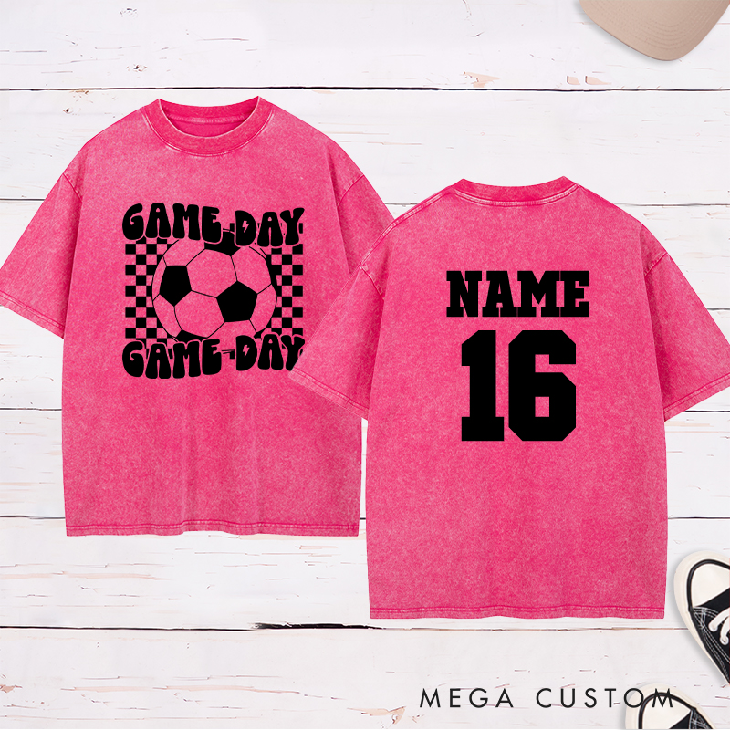 Personalized Game Day Soccer Washed T-Shirt with Bold Checkerboard Design and Custom Name and Number
