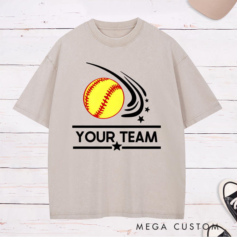 Personalized Softball Team Washed T-Shirt Design Featuring Customizable Team Name Dynamic Softball Motion Graphic and Star Accents
