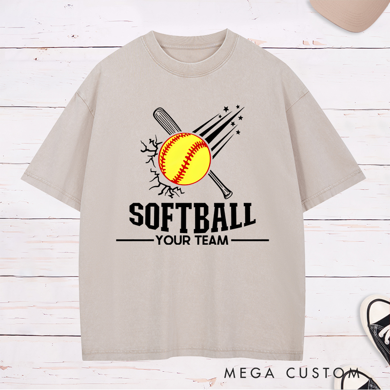 Personalized Softball Team Washed T-Shirt Design Featuring Customizable Team Name Explosive Softball Graphic with Bat and Shooting Star Accents