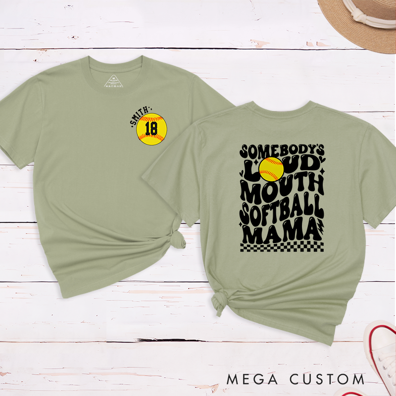Personalized "Loud Mouth Softball Mama" T-Shirt Design Featuring Bold Retro Text Custom Name and Player Number