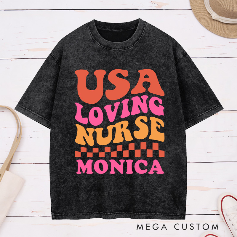 Personalized Nurse Washed T-Shirt Customized USA Loving Nurse Design Washed T-Shirt 