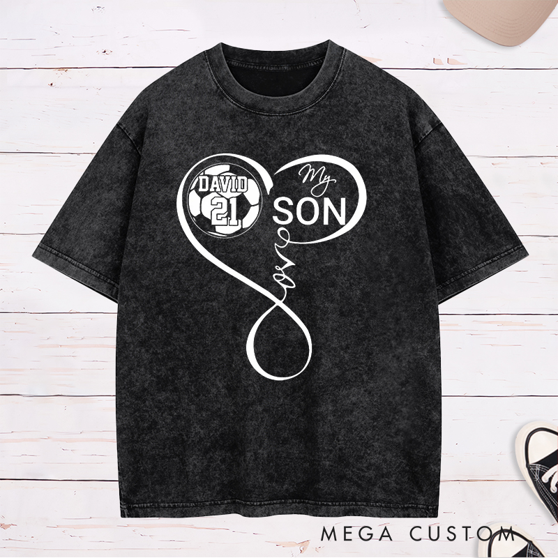 Personalized "My Son" Soccer Washed T-Shirt with Heart Design and Custom Name and Number