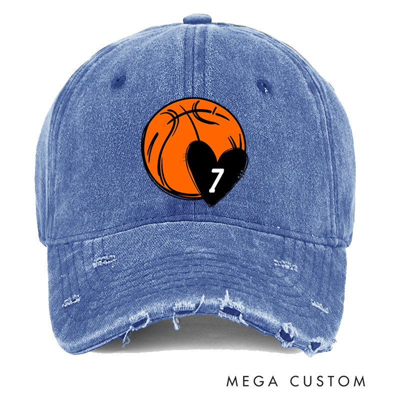 Personalized Distressed Basketball Cap with Custom Jersey Number Heart and Bold Basketball Graphic Design