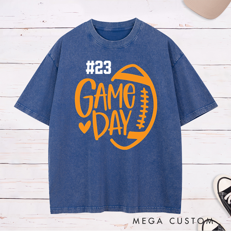 Personalized American Football and Rugby Washed T-Shirts Featuring Custom Number and City for Game Day