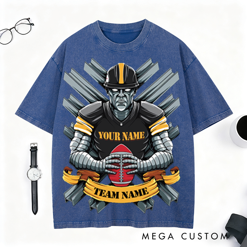 Personalized Steel Warrior Football T-Shirt with Custom Team and Player Name